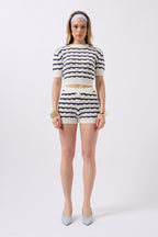 Striped Open-Knit Blouse Shorts Navy-White Two-Piece Set
