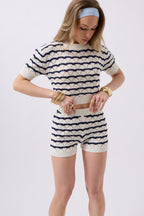 Striped Open-Knit Blouse Shorts Navy-White Two-Piece Set