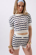 Striped Open-Knit Blouse Shorts Navy-White Two-Piece Set