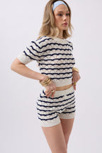 Striped Open-Knit Blouse Shorts Navy-White Two-Piece Set