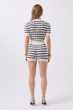 Striped Open-Knit Blouse Shorts Navy-White Two-Piece Set