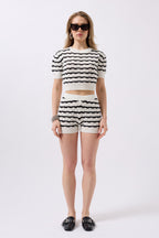 Striped Open-Knit Blouse Shorts Black-White Two-Piece Set