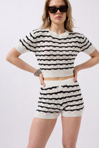 Striped Open-Knit Blouse Shorts Black-White Two-Piece Set