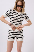 Striped Open-Knit Blouse Shorts Black-White Two-Piece Set