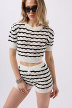 Striped Open-Knit Blouse Shorts Black-White Two-Piece Set