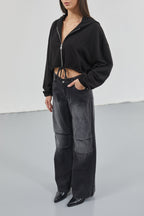 Low Waist Knee Fold Detail Black Jeans