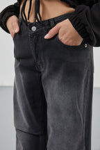 Low Waist Knee Fold Detail Black Jeans