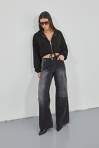 Low Waist Knee Fold Detail Black Jeans