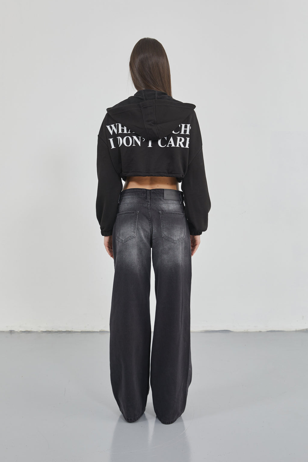 Low Waist Knee Fold Detail Black Jeans