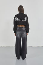 Low Waist Knee Fold Detail Black Jeans