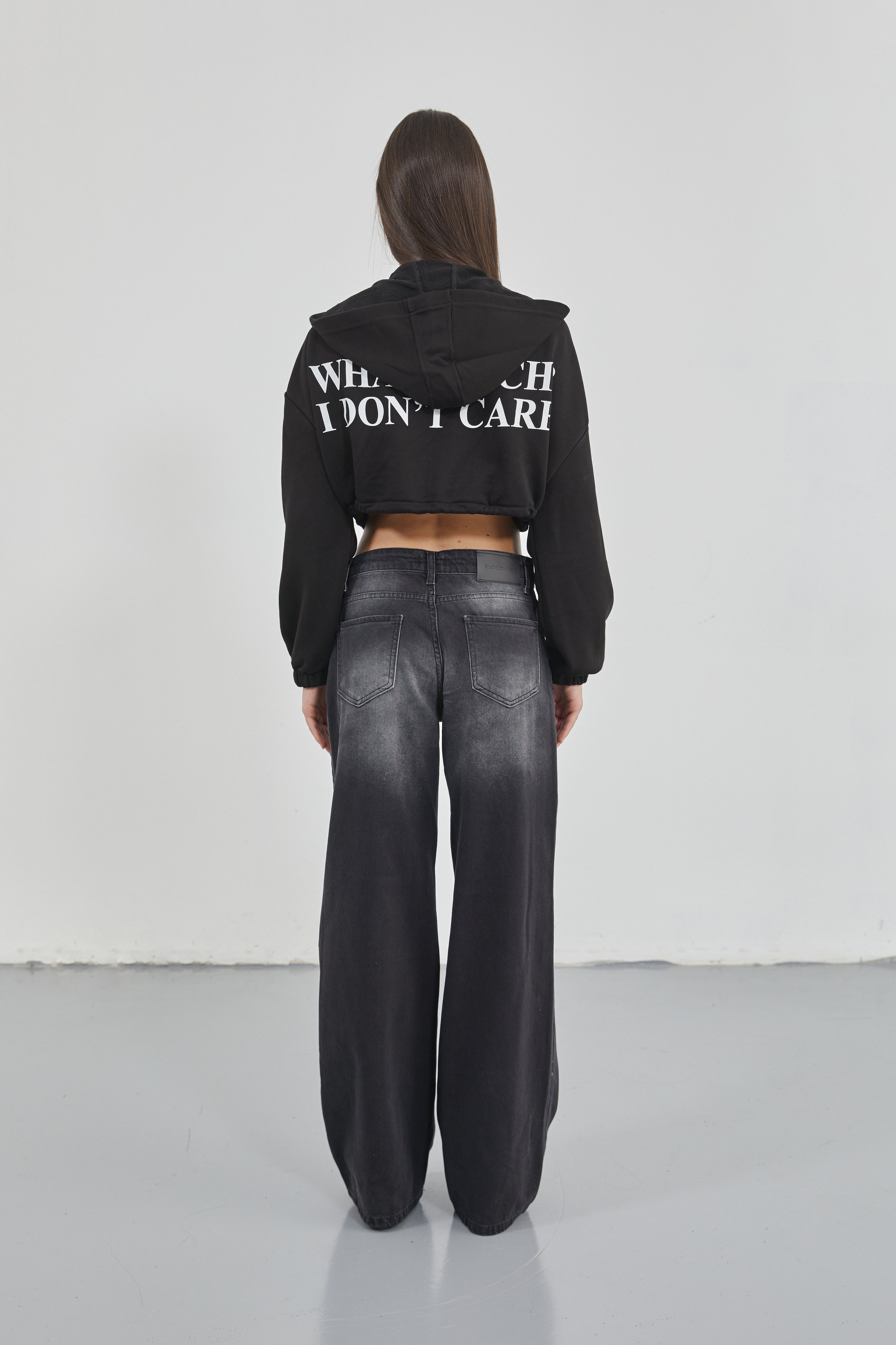 Low Waist Knee Fold Detail Black Jeans