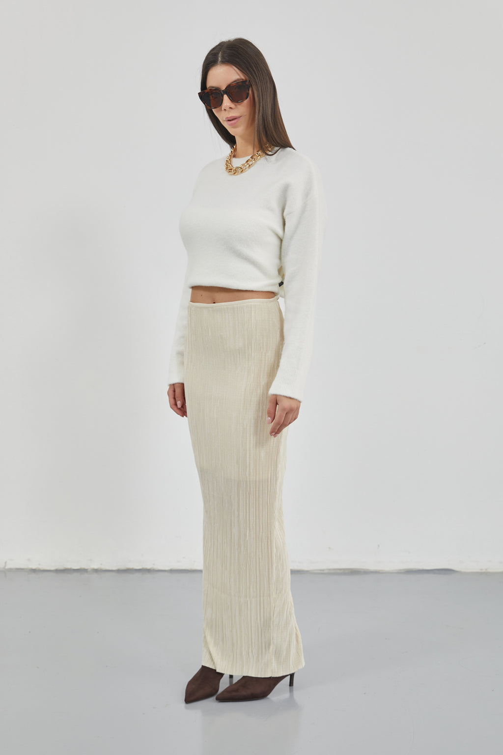 Low Waist Maxi Length Beige Skirt