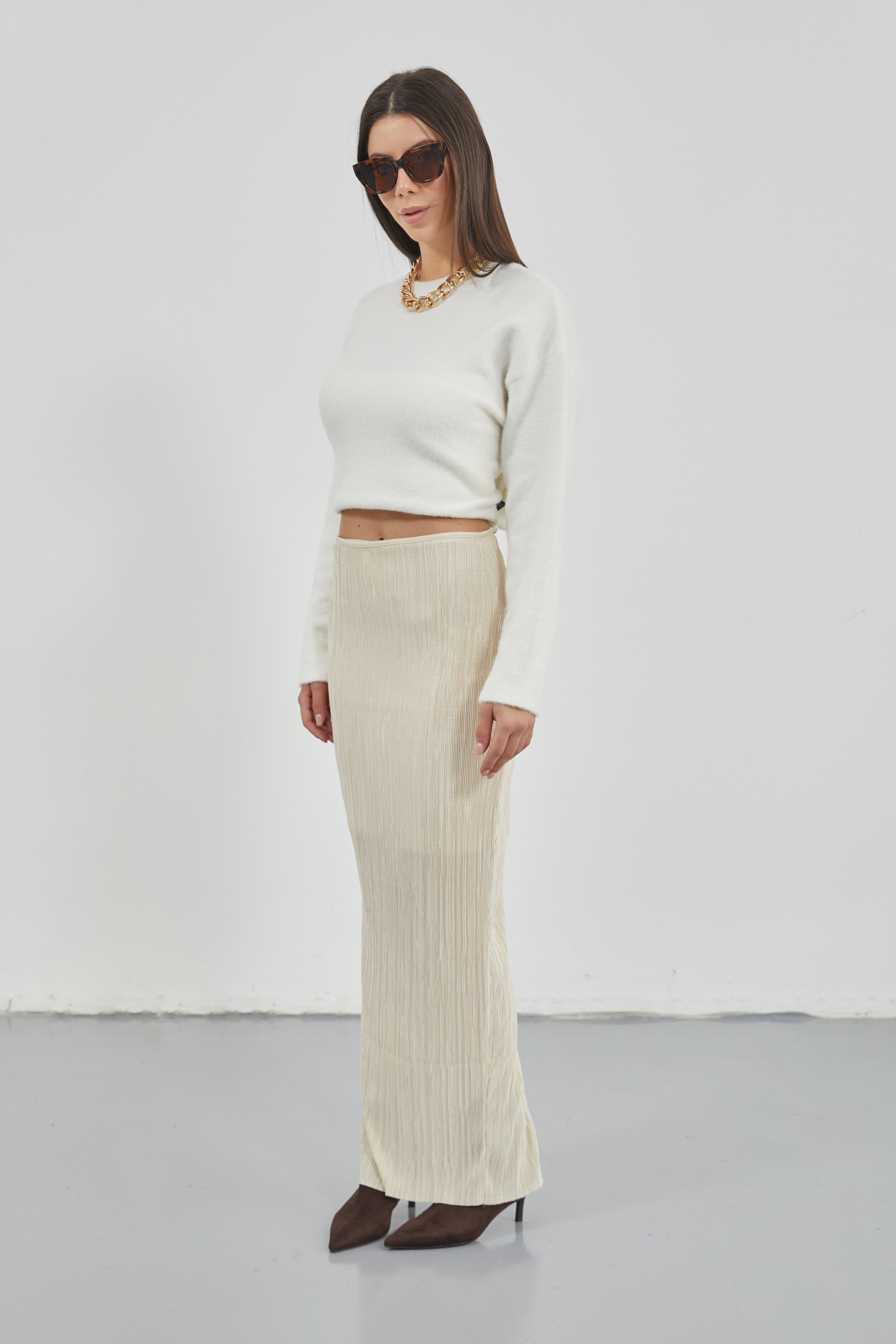 Low Waist Maxi Length Beige Skirt