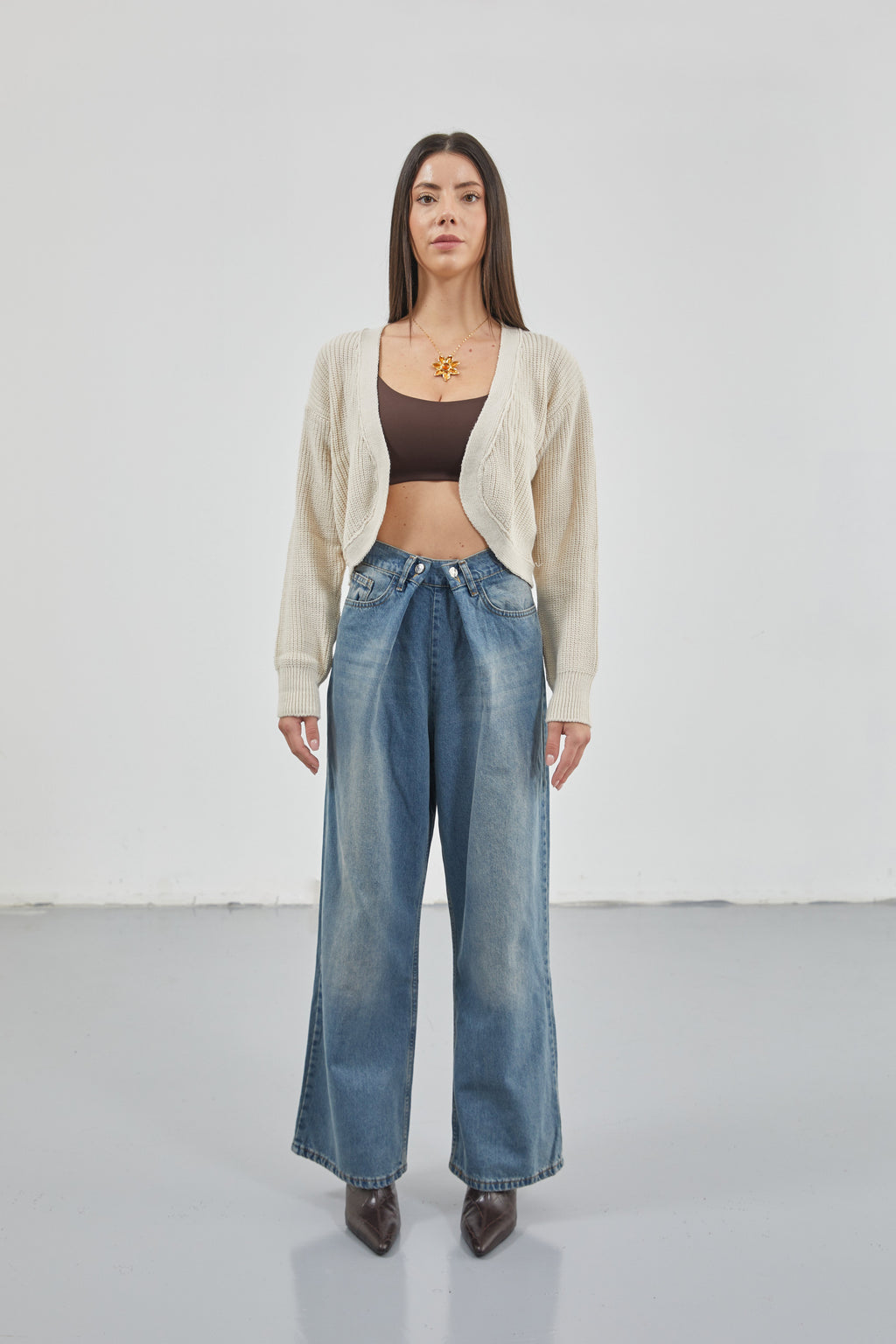 Low Waist Double Buttoned Blue Wide Leg Jeans