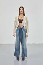 Low Waist Double Buttoned Blue Wide Leg Jeans