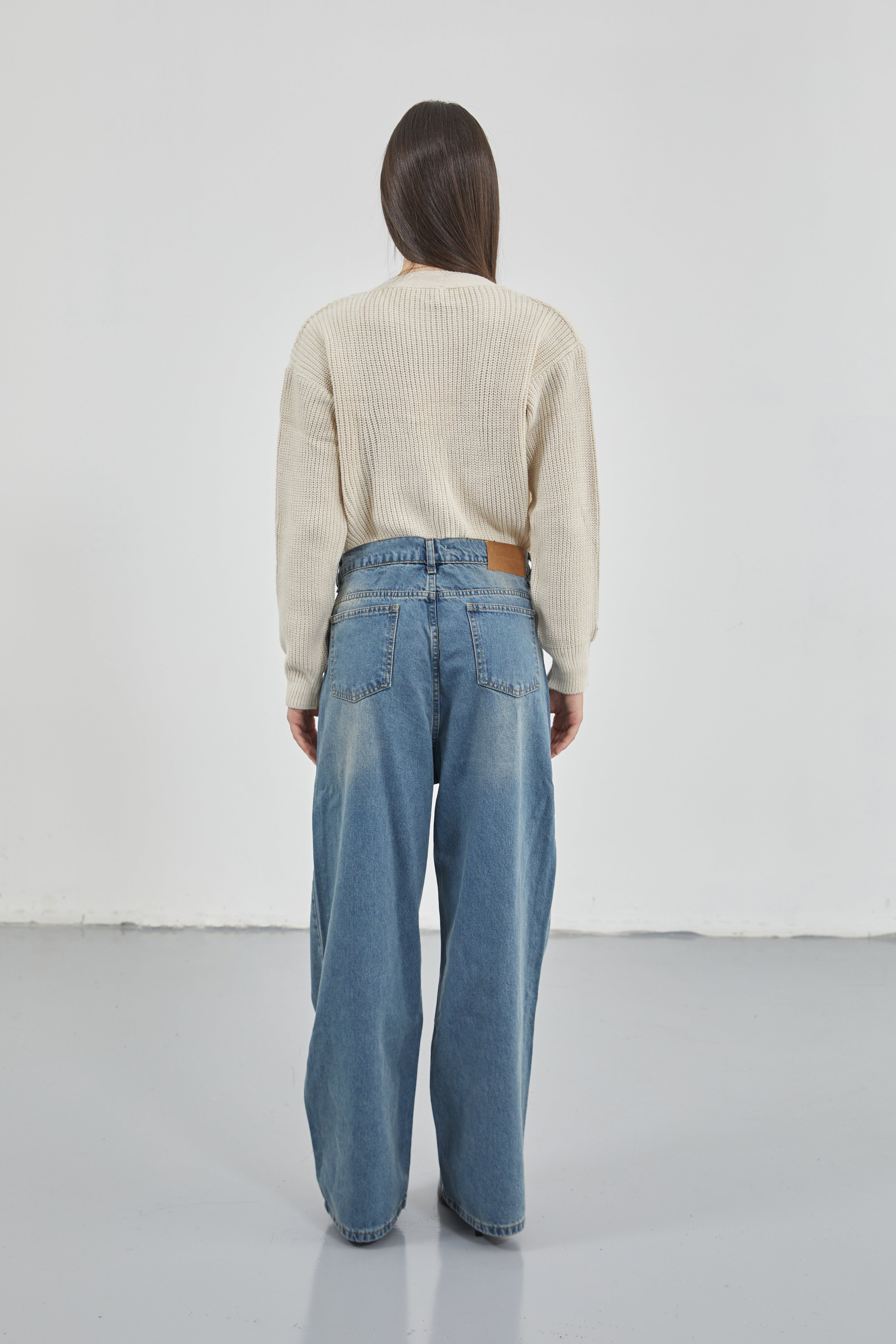 Low Waist Double Buttoned Blue Wide Leg Jeans