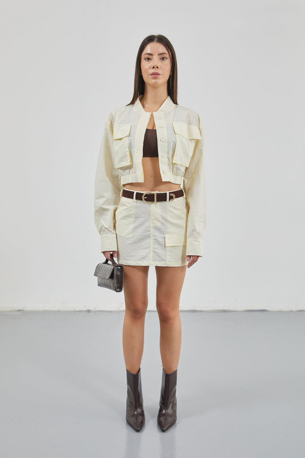 Pocket Detail Parasut Ecru Crop Jacket