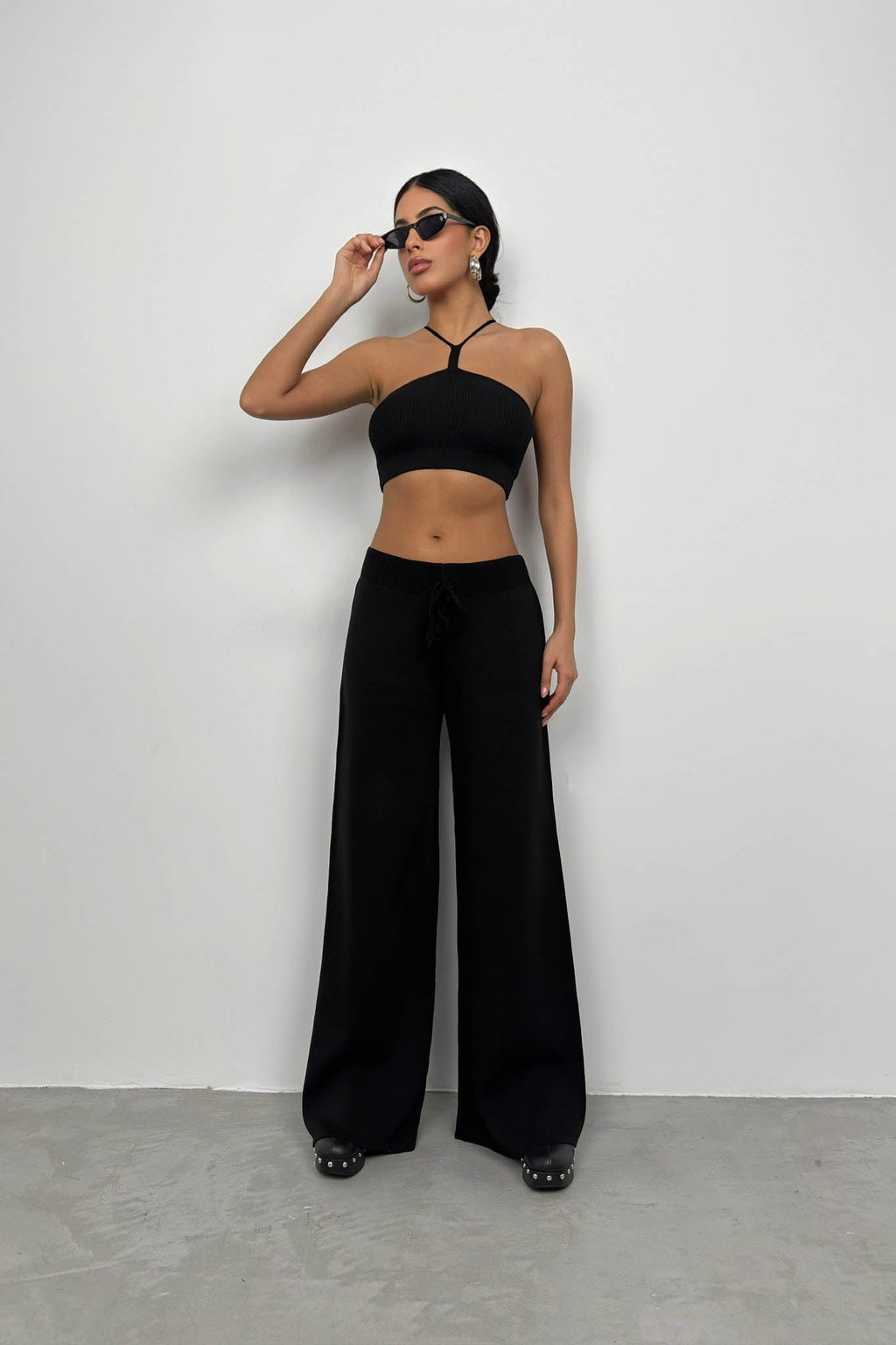 Wide-Leg Black Knit Sweatpants
