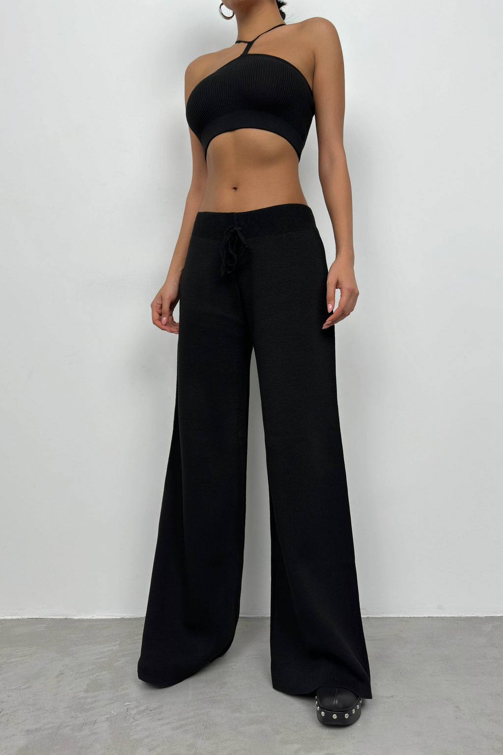 Wide-Leg Black Knit Sweatpants