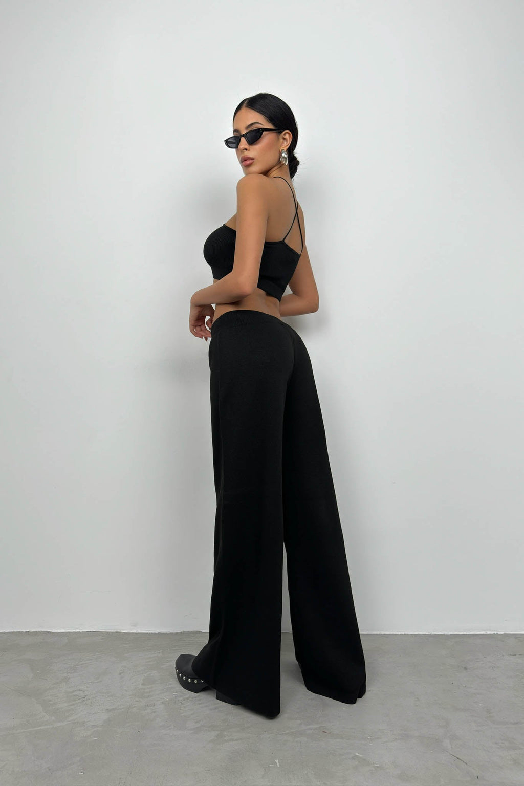Wide-Leg Black Knit Sweatpants