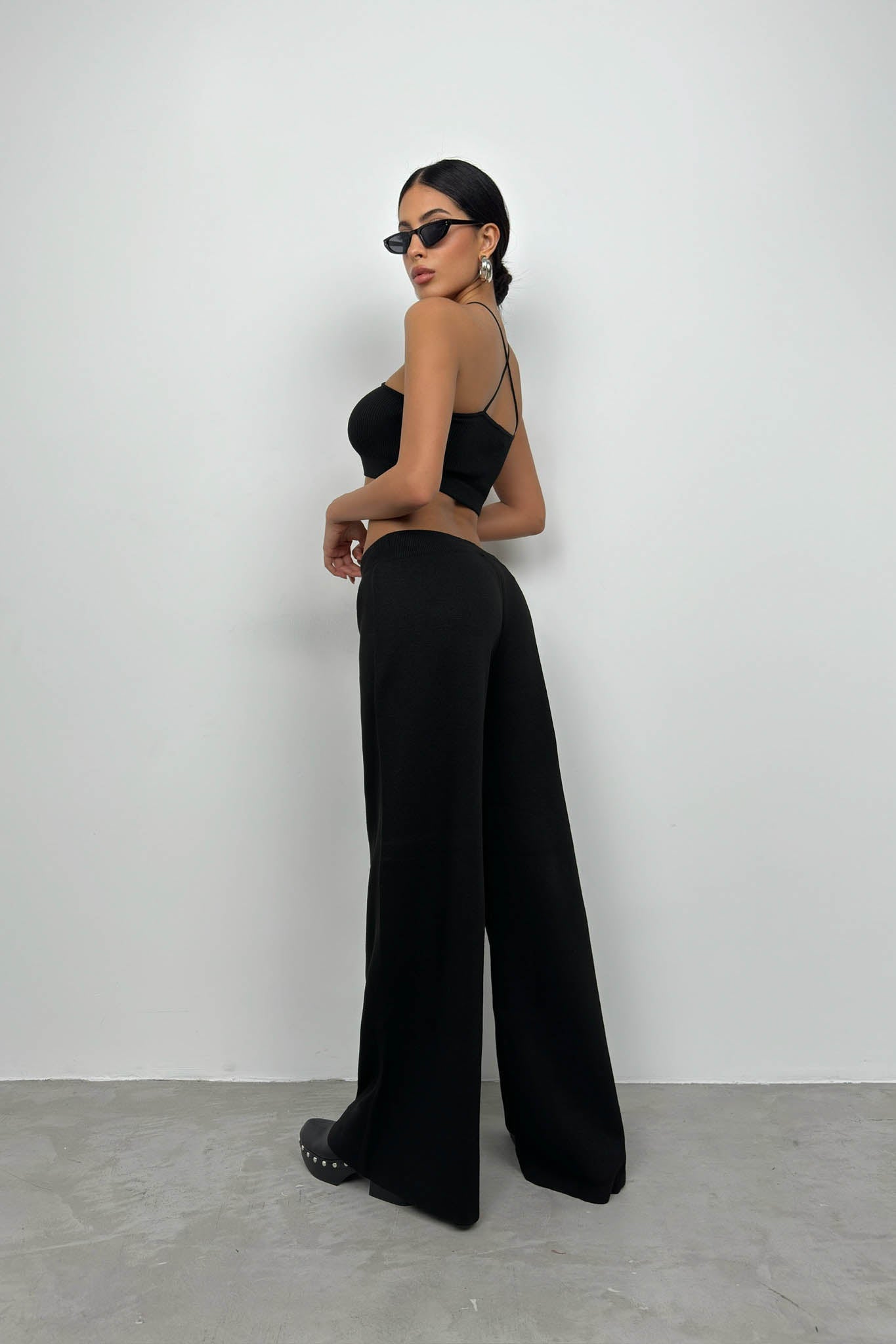 Wide-Leg Black Knit Sweatpants