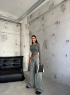 Wide-Leg Gray Knit Sweatpants