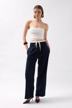 Boxer Detail Lace-Up Navy Pants