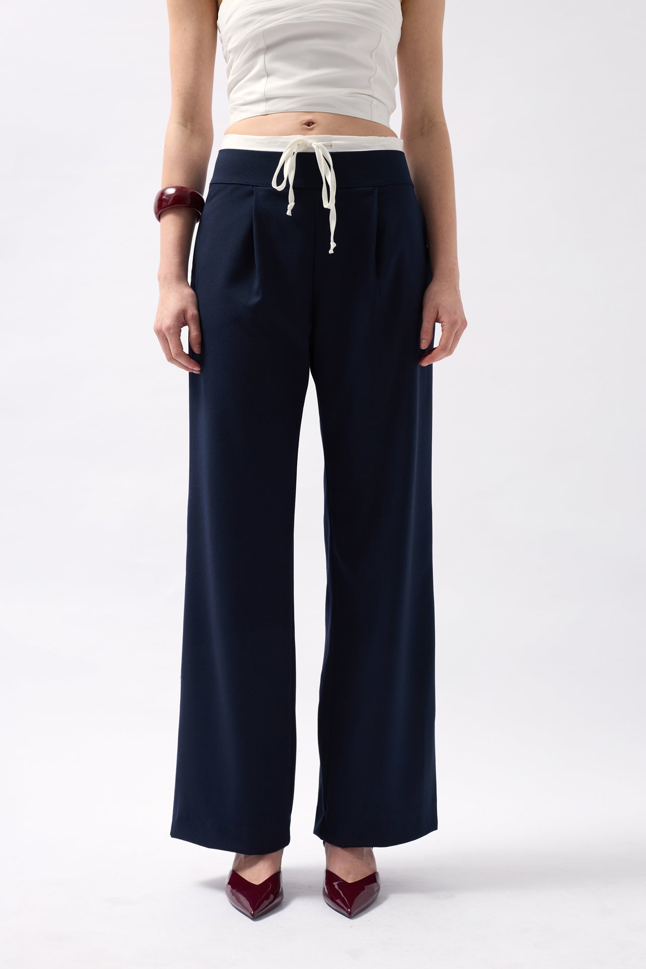 Boxer Detail Lace-Up Navy Pants