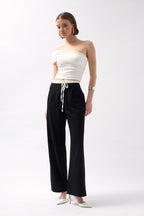 Boxer Detail Lace-Up Black Pants