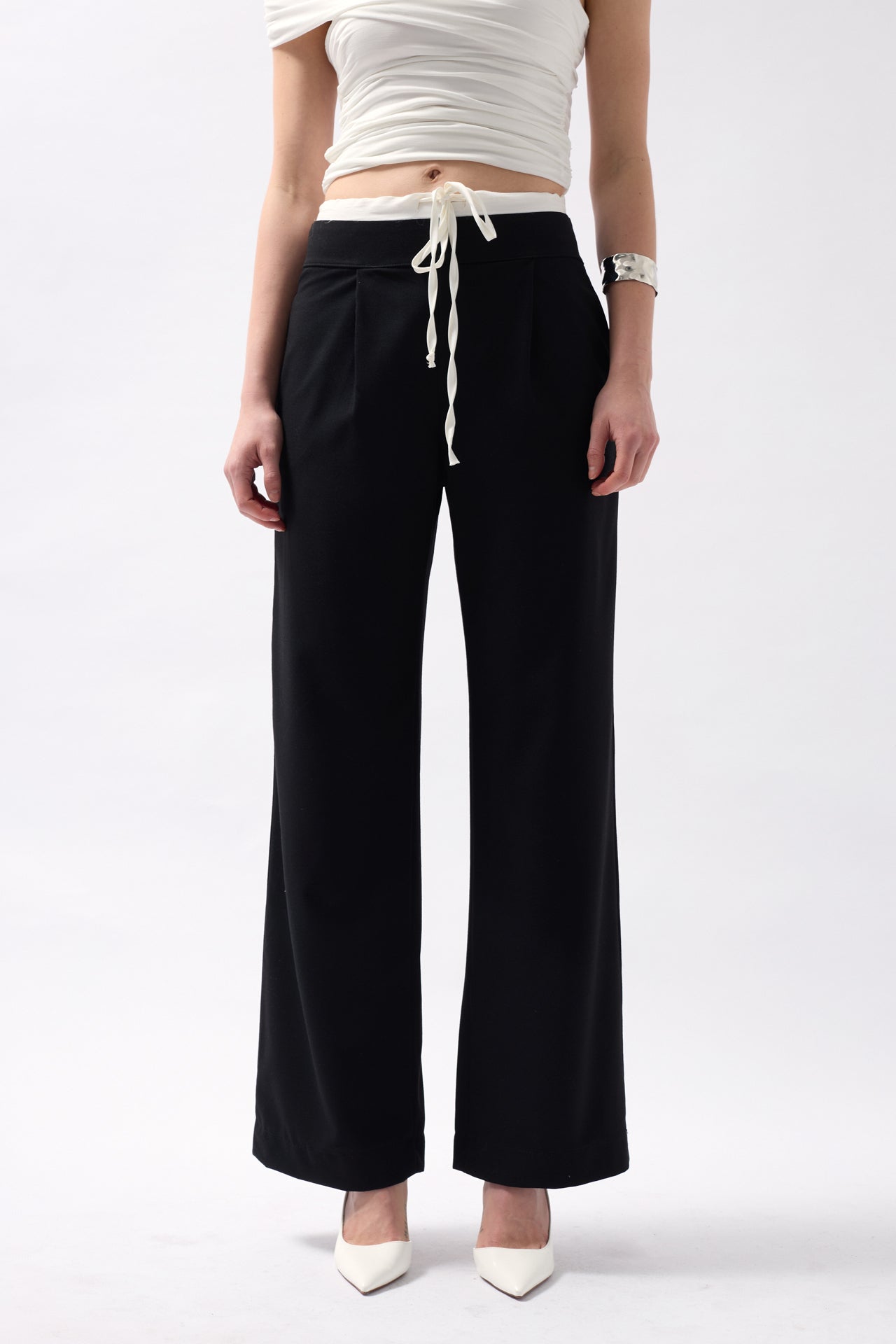 Boxer Detail Lace-Up Black Pants