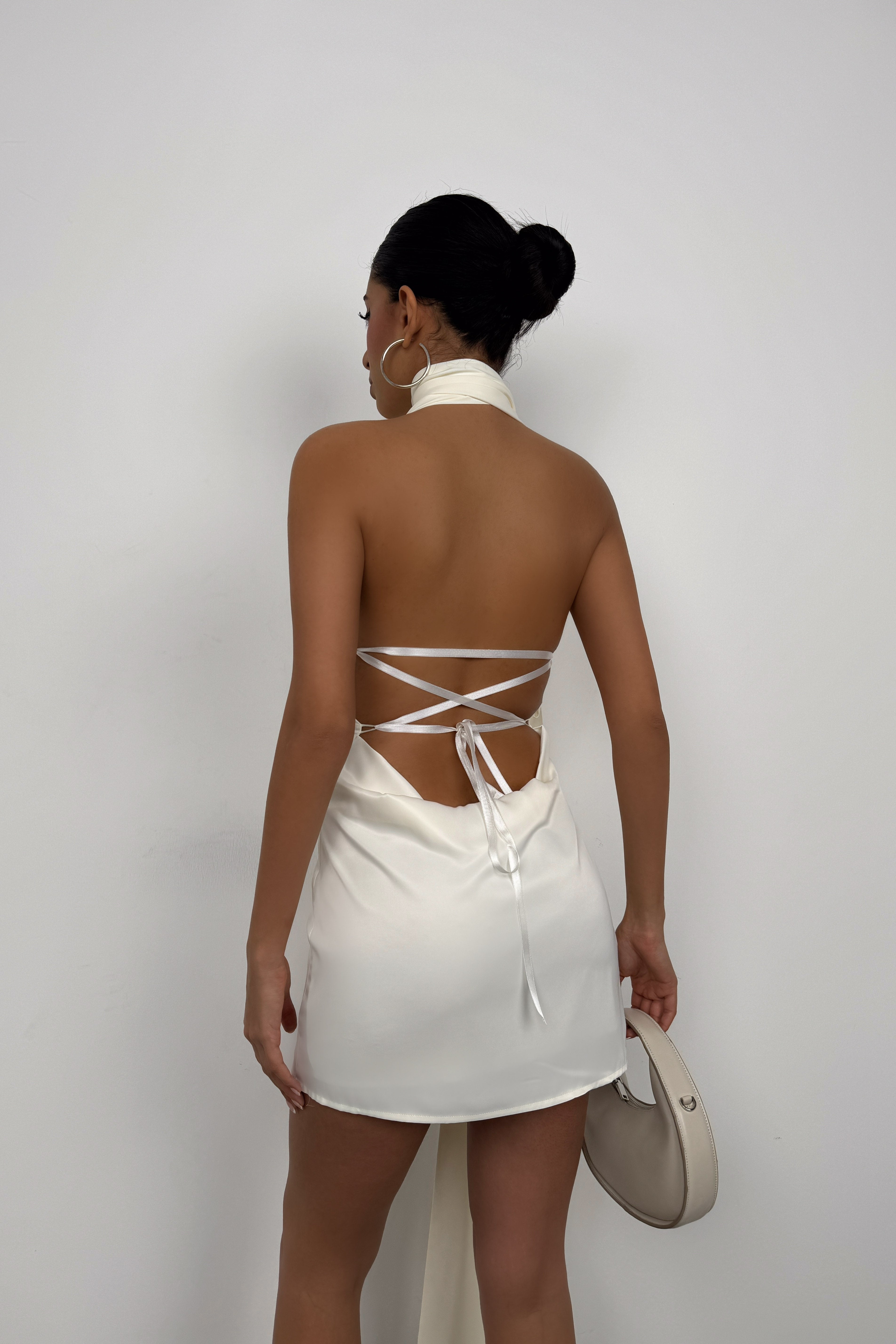 Neck Tie Detail Satin Ecru Dress