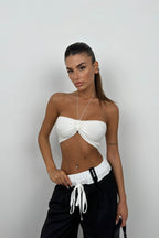 Neck Band Ruched White Crop