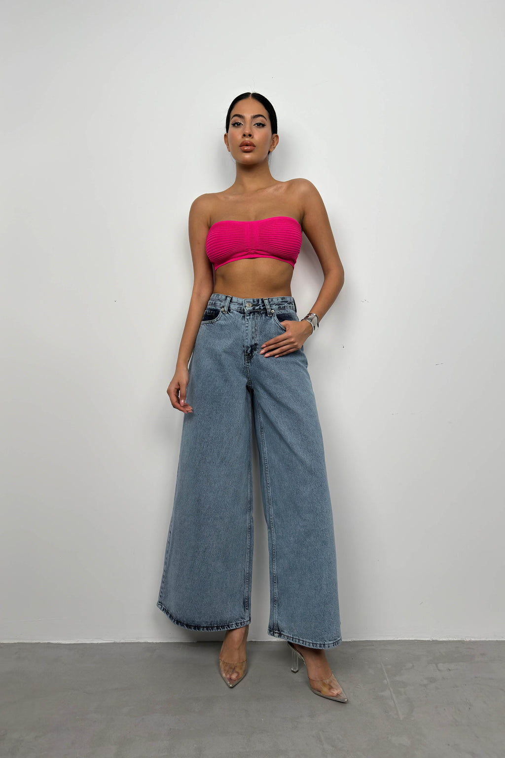 Neck Band Ruched Fuchsia Crop