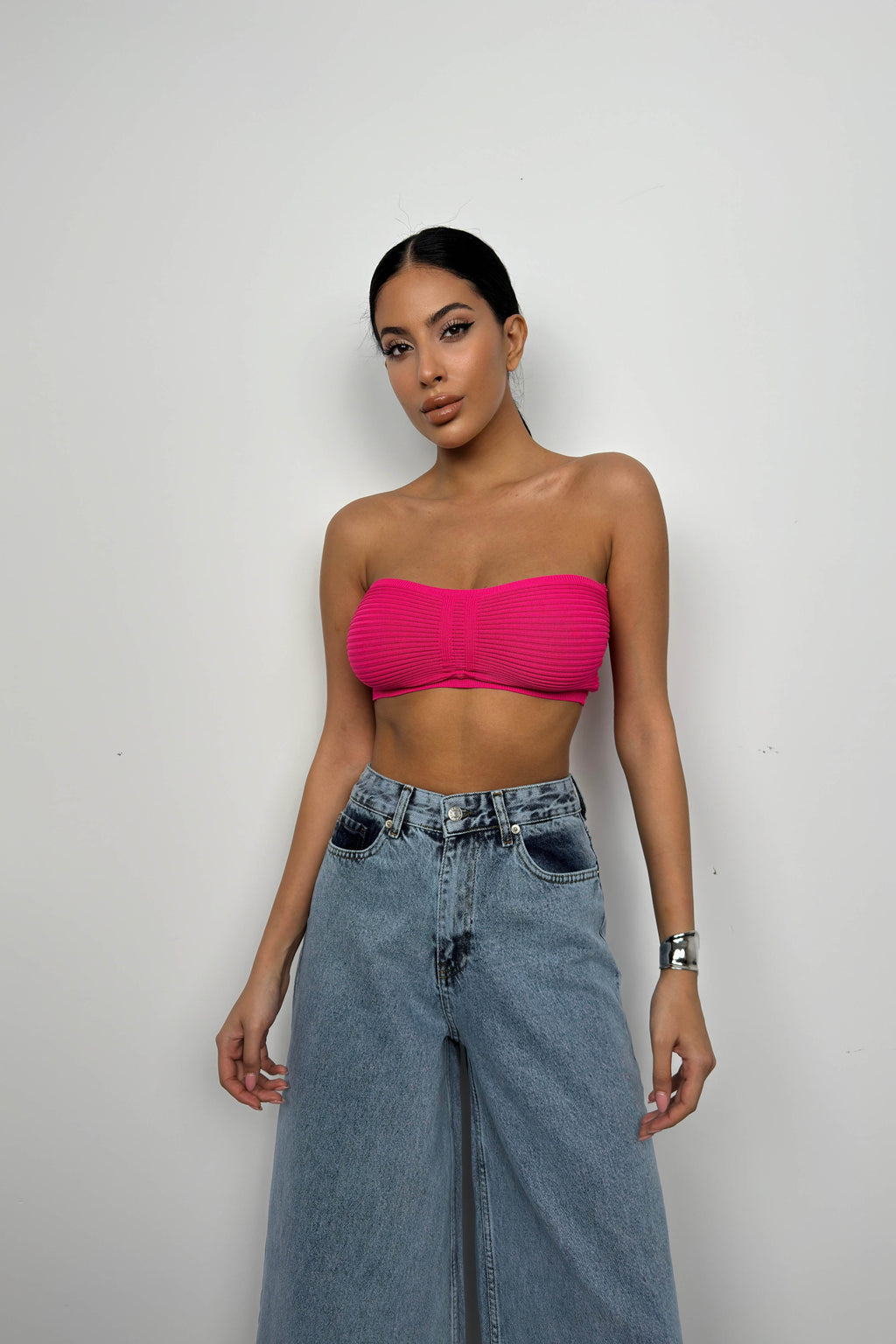 Neck Band Ruched Fuchsia Crop