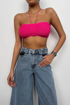 Neck Band Ruched Fuchsia Crop
