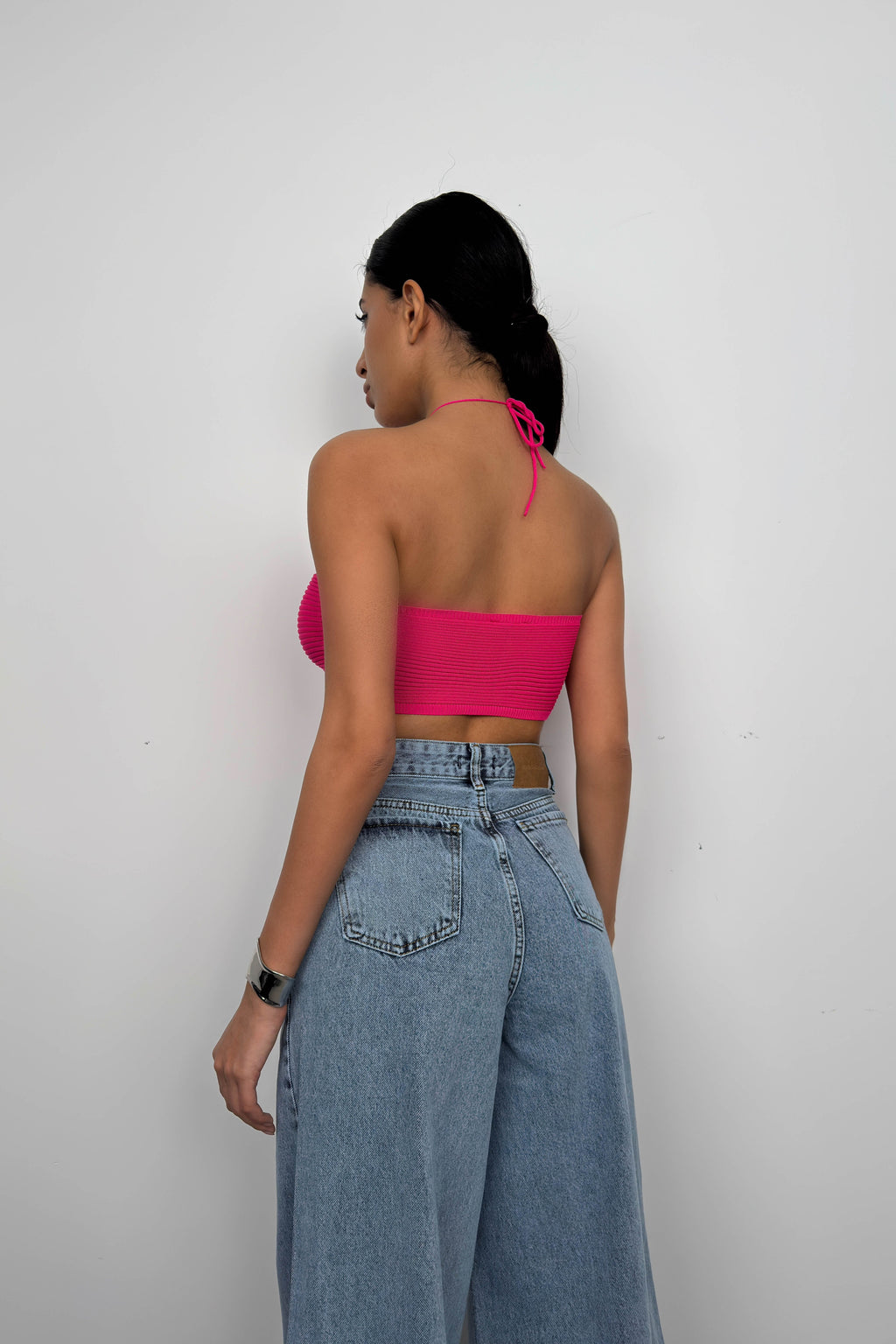 Neck Band Ruched Fuchsia Crop