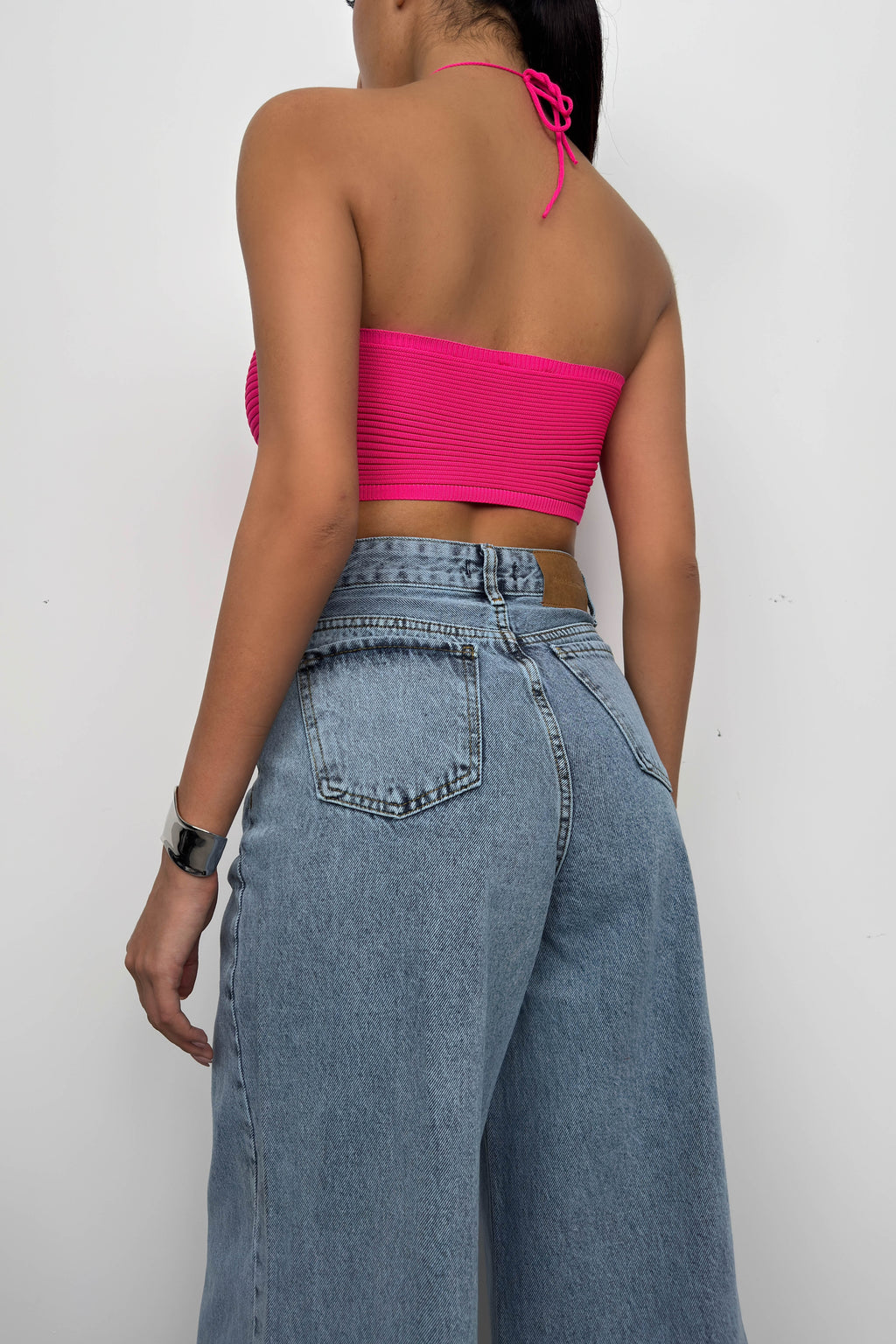 Neck Band Ruched Fuchsia Crop