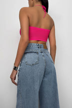 Neck Band Ruched Fuchsia Crop