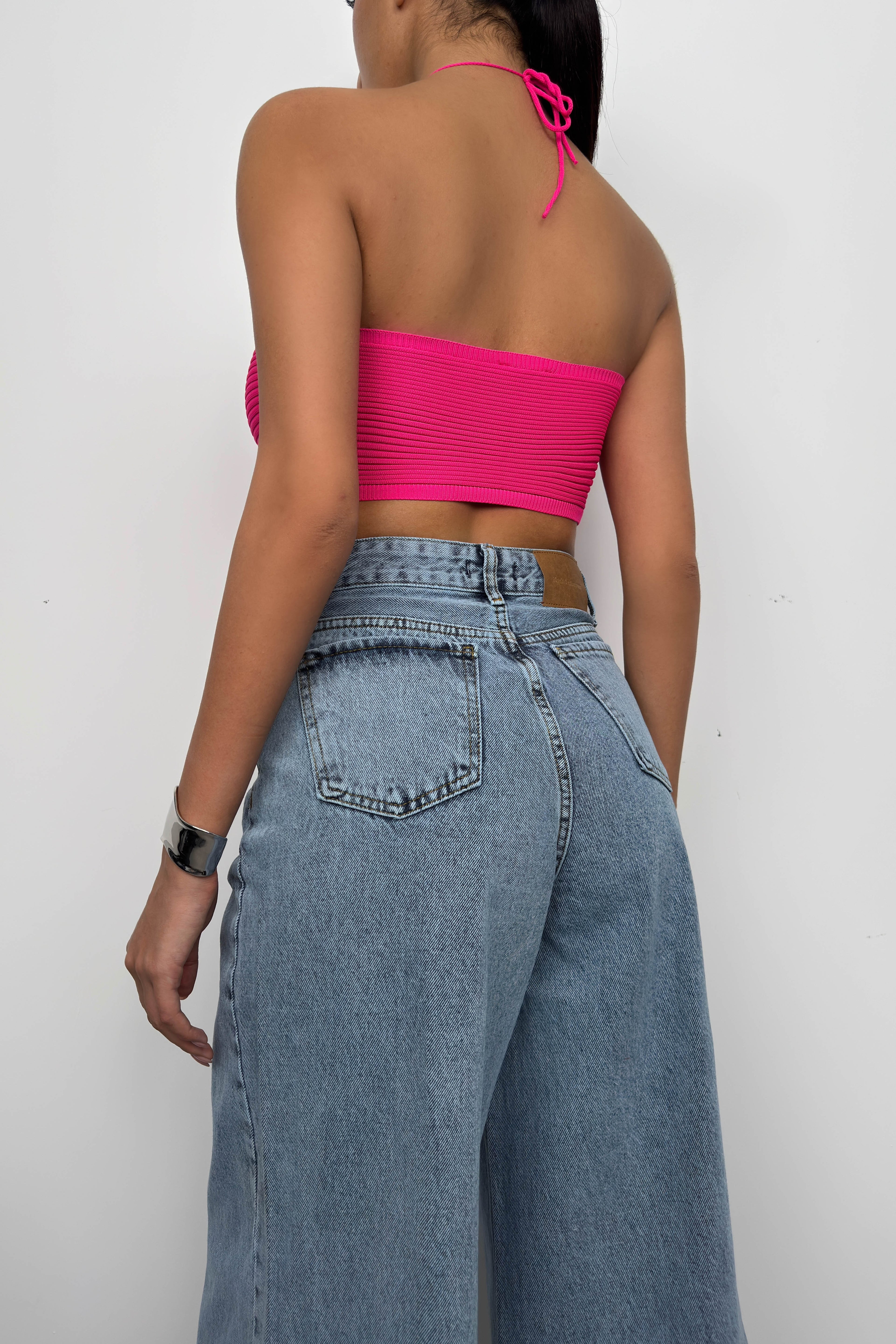 Neck Band Ruched Fuchsia Crop
