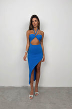 Neck Band Blue Slit Dress