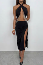 Neck Band Rhinestone Black Dress