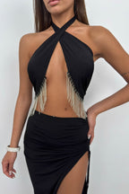 Neck Band Rhinestone Black Dress