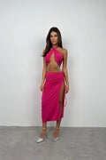 Neck Band Stone Embellished Fuchsia Dress