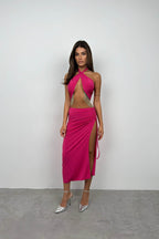 Neck Band Stone Embellished Fuchsia Dress