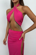 Neck Band Stone Embellished Fuchsia Dress
