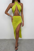 Neck Band Rhinestone Olive Green Dress