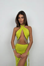 Neck Band Rhinestone Olive Green Dress