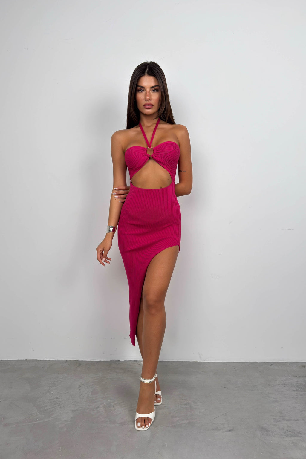 Neck Band Fuchsia Slit Dress