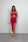 Neck Band Fuchsia Slit Dress