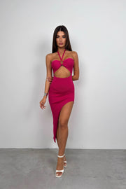Fuchsia Slit Dress with Neck Band